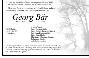 Traueranzeige von Georg Bär von Pegnitz-Zeitung